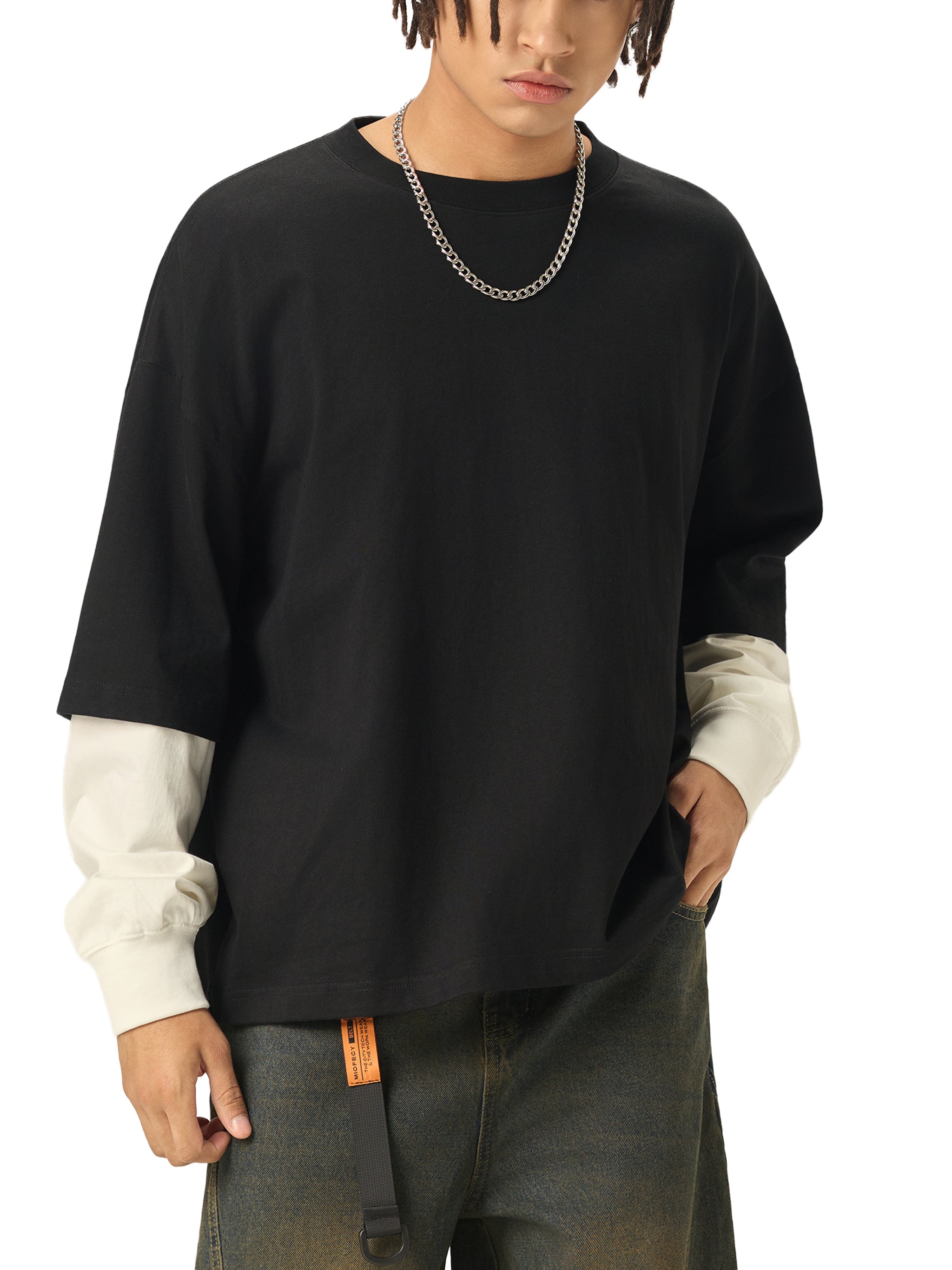 VLCN Layered Contrast Sleeve Cotton T-Shirt