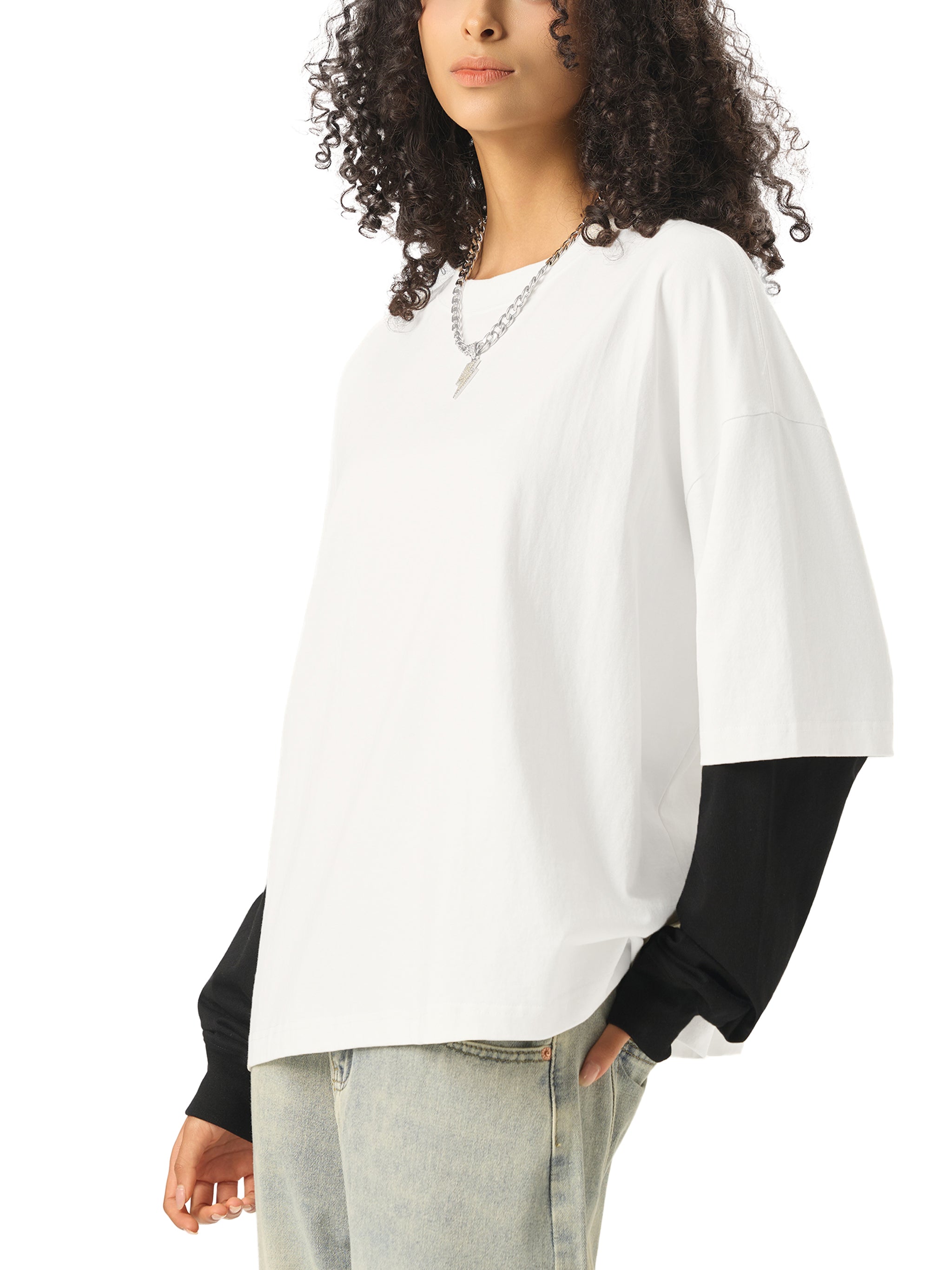 VLCN Hybrid Layered Contrast Sleeve Cotton T-Shirt